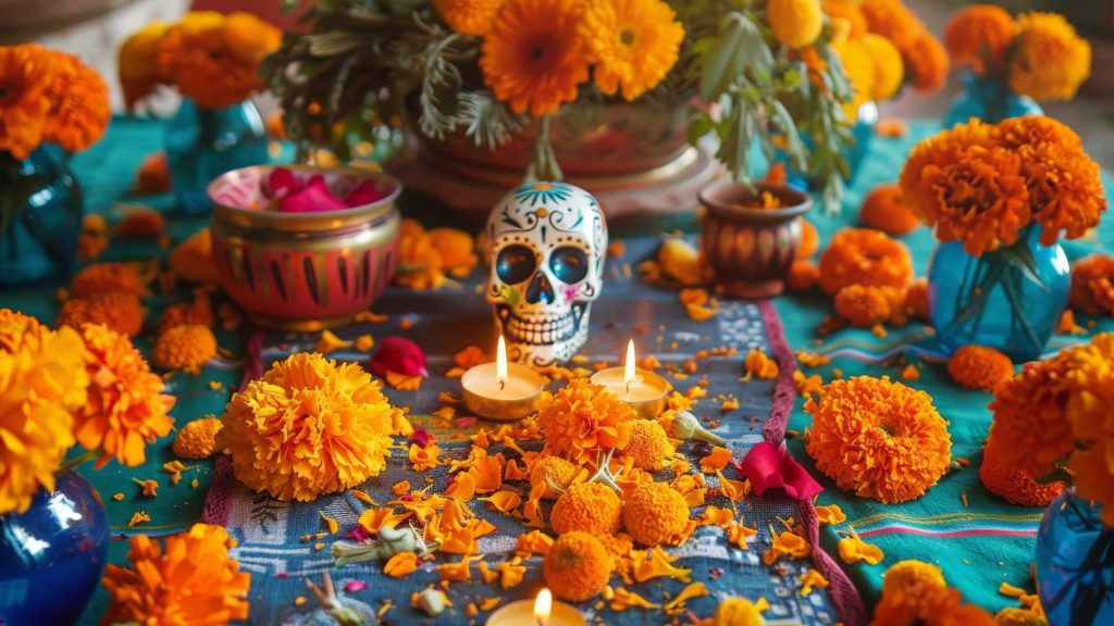 Altar de día de muertos con una calaverita en el centro rodeada de flores de cempasúchil.